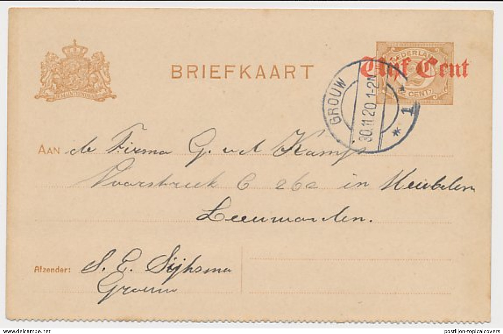 Briefkaart G. 107 B II Grouw - Leeuwarden 1920 - Postal Stationery