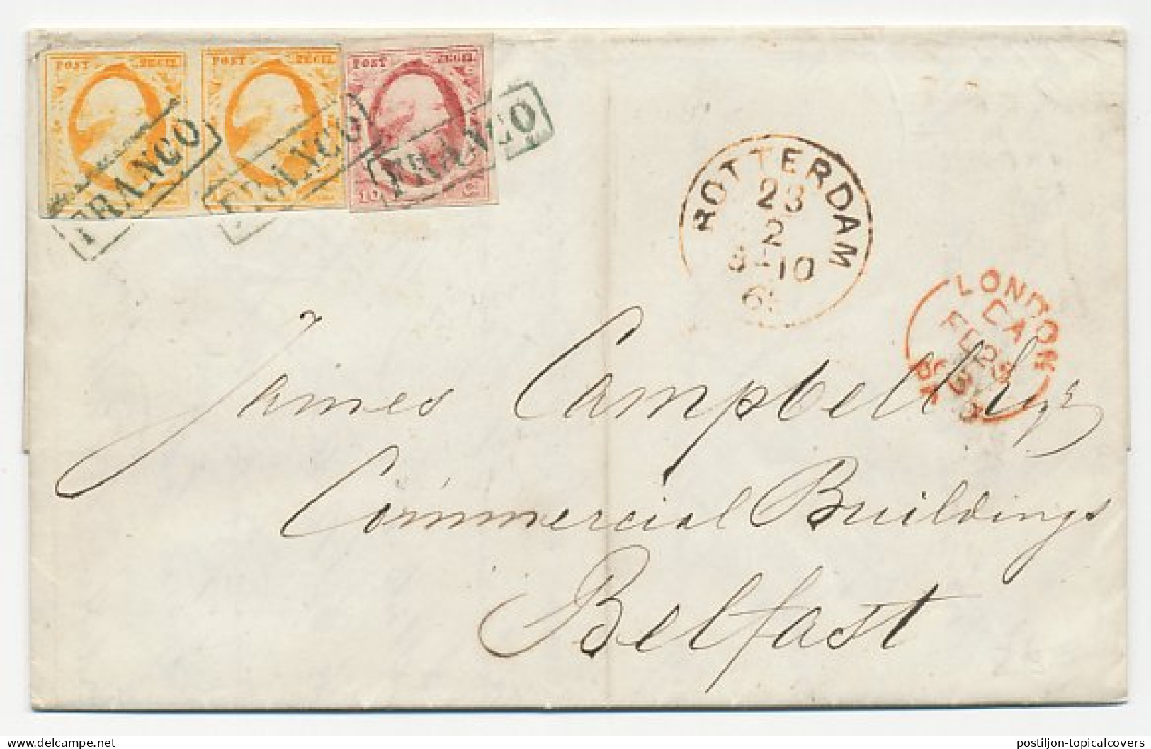 Em. 1852 Rotterdam - Londen - Belfast - Ierland - Lettres & Documents