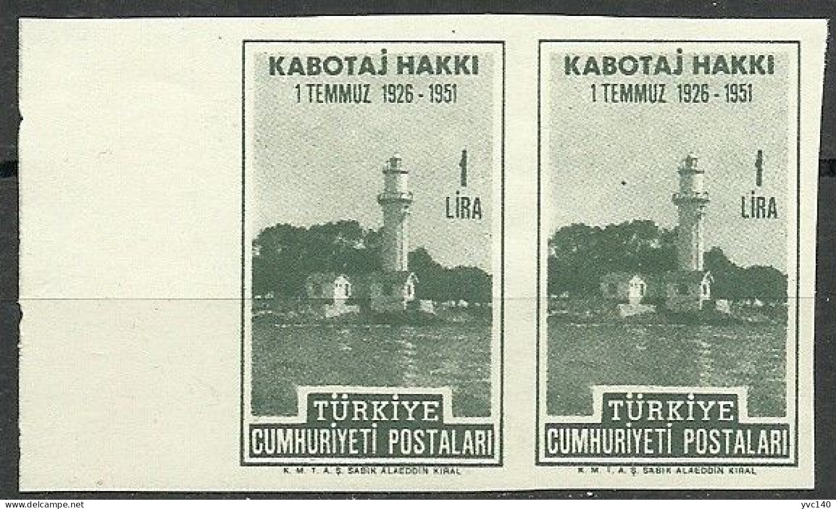 Turkey; 1951 25th Anniv. Of The Cabotage Rights 1 L. ERROR "Imperf. Pair" - Ungebraucht