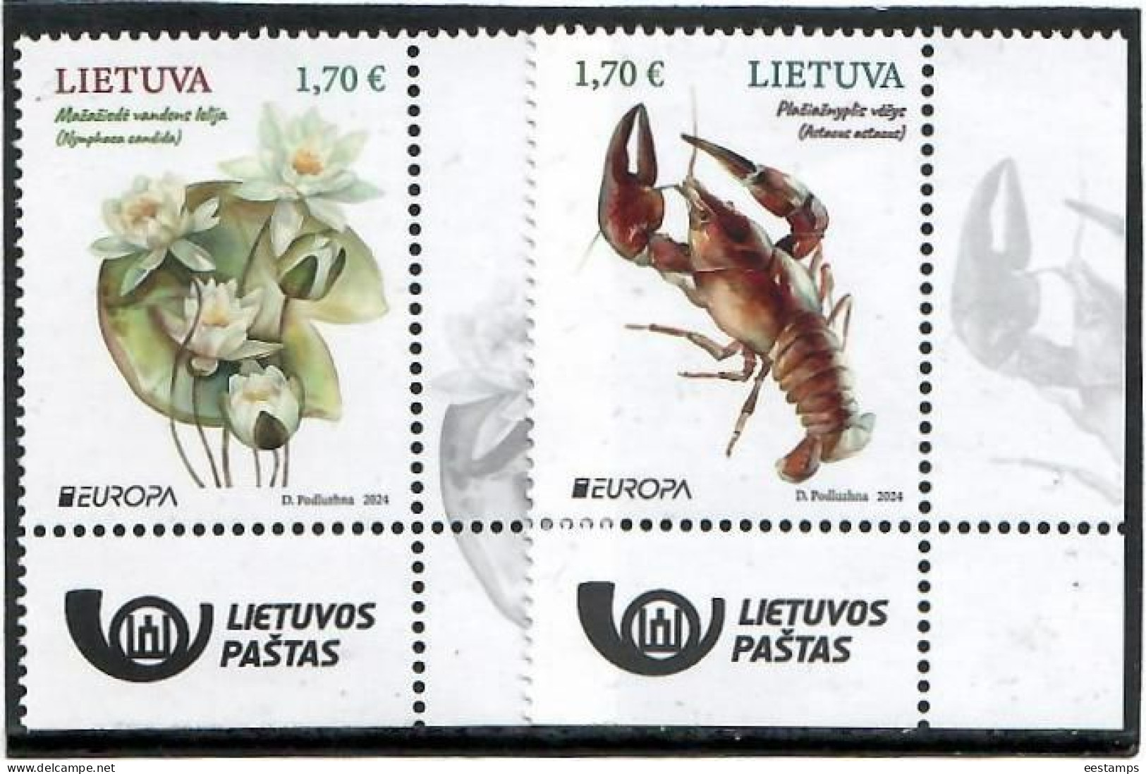 Lithuania 2024 . EUROPA CEPT. Crayfish, Water Lily. 2v. Corner With Post Logo. - Litauen