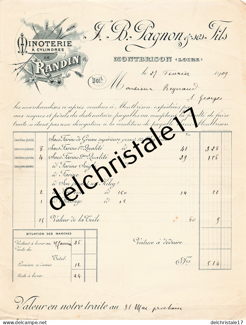 42 0480 MONTBRISON LOIRE 1909 Minoterie à Cylindres De Randin Lucien PAGNON & Fils à REYNAUD - 1900 – 1949