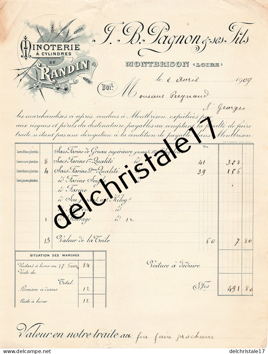 42 0481 MONTBRISON LOIRE 1909 Minoterie à Cylindres De Randin Lucien PAGNON & Fils à REYNAUD - Petits Métiers