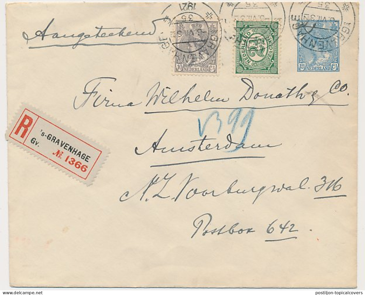 Envelop G. 21 / Bijfrankering Aangetekend S Gravenhage 1921 - Postal Stationery