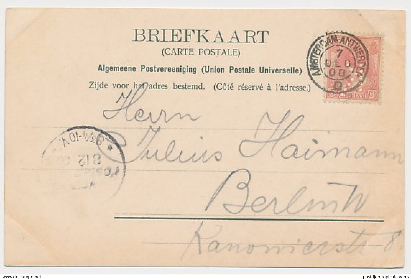 Trein Kleinrondstempel Amsterdam - Antwerpen D 1900 - Cartas & Documentos