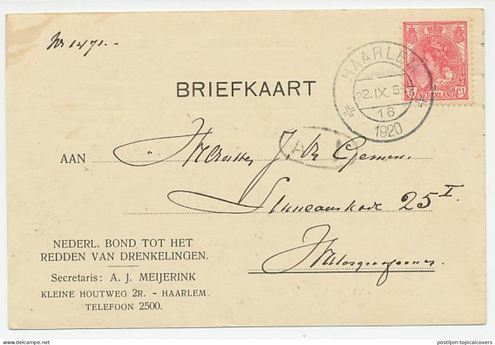 Briefkaart Haarlem 1920 - Ned. Bond Tot Redden Van Drenkelingen - Non Classés