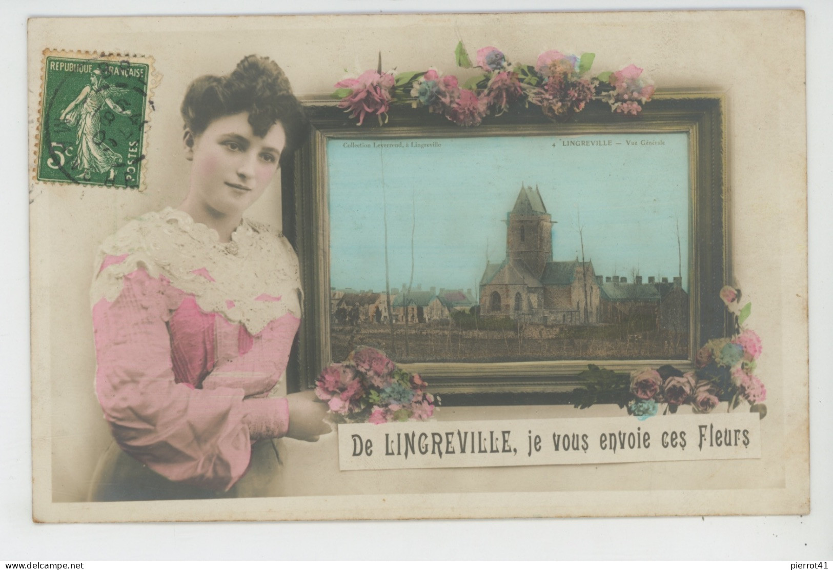 LINGREVILLE - Jolie Carte Femme Et Cadre "De LINGREVILLE , Je Vous Envoie Ces Fleurs " - Autres & Non Classés