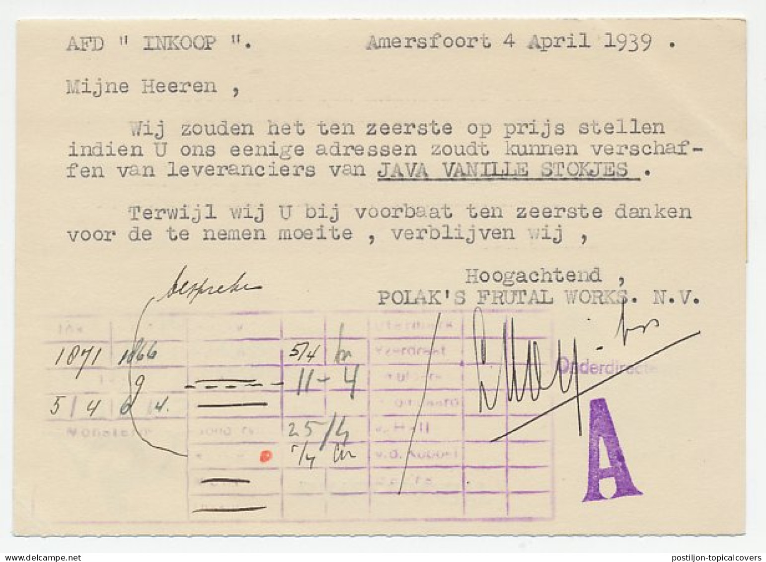 Firma Briefkaart Amersfoort 1939 - Frutal Works - Non Classés
