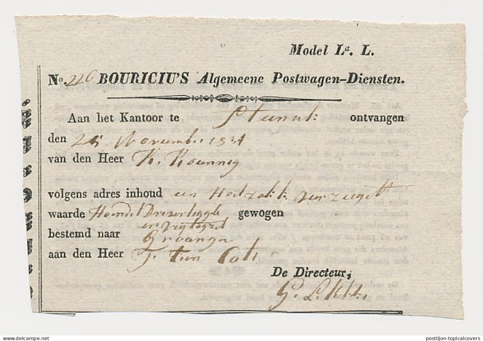 Bouricius Algemeene Postwagen Diensten - Ontvangbewijs 1834 - ...-1852 Préphilatélie
