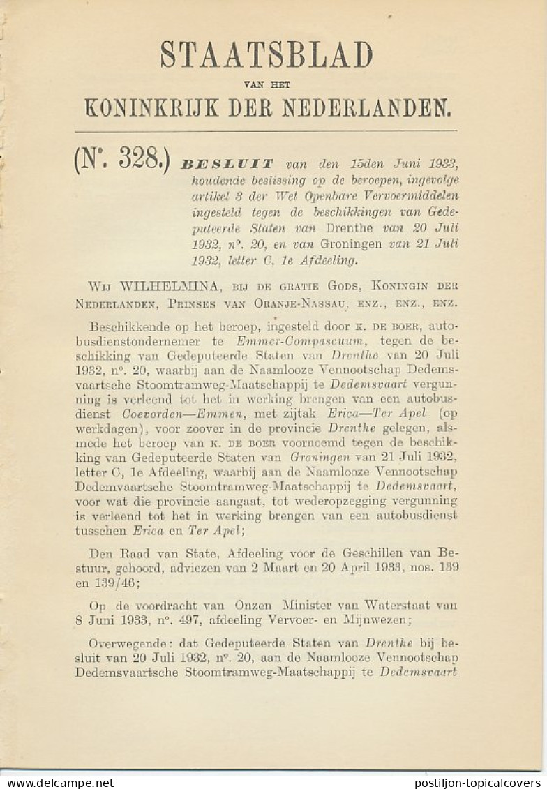 Staatsblad 1933 : Autobusdienst Coevorden - Emmen Enz.  - Historische Documenten
