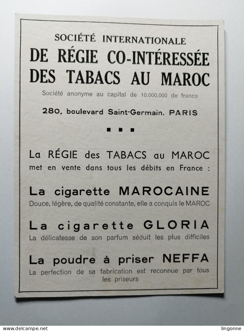 Cartonnage Publicitaire REGIE DES TABACS AU MAROC CIGARETTE MAROCAINE GLORIA POUDRE PRISER NEFFA 12 X 16 Cm Env - Pubblicitari