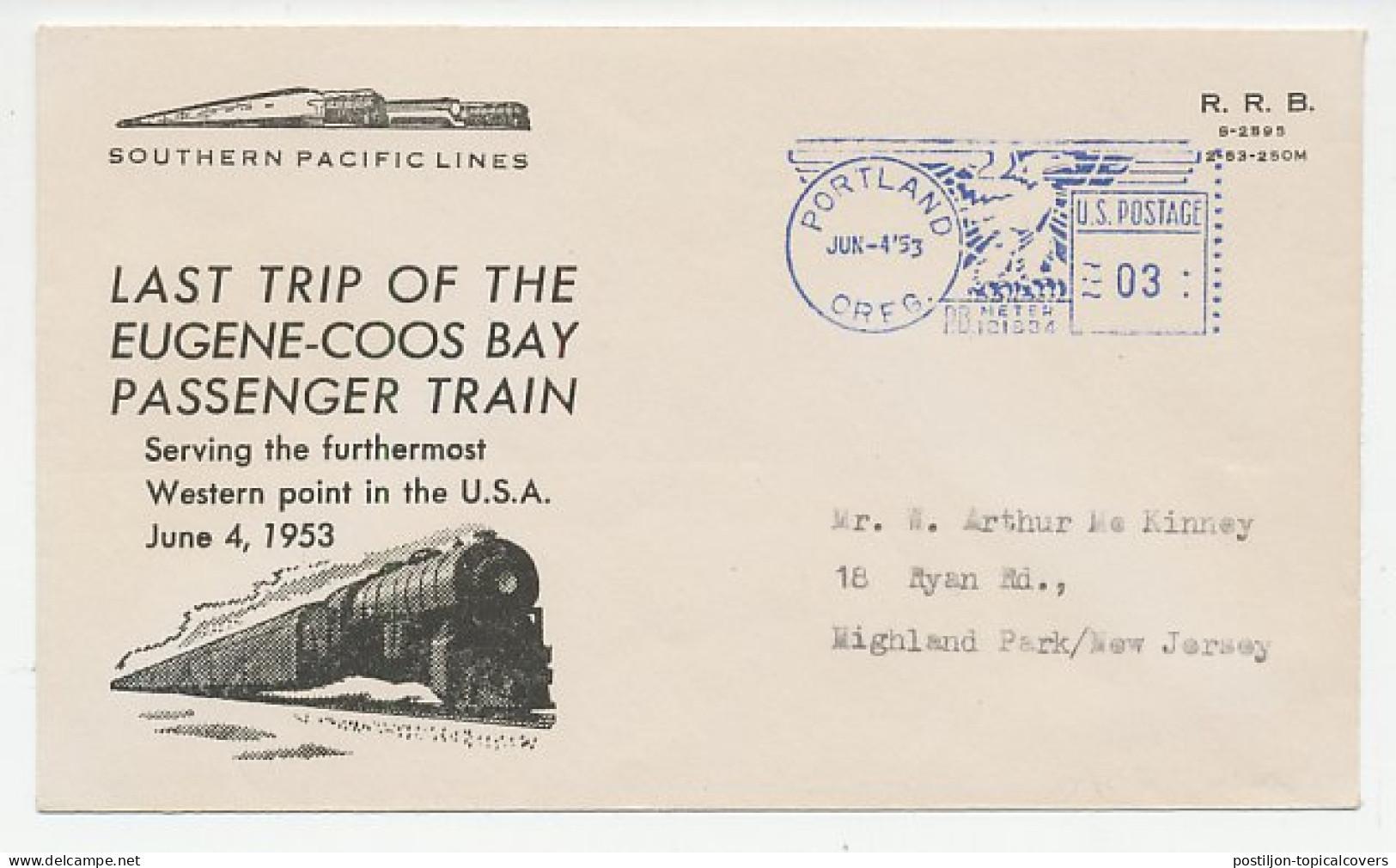 Cover USA 1953 Eugene Coos Bay Passenger Train - Trains