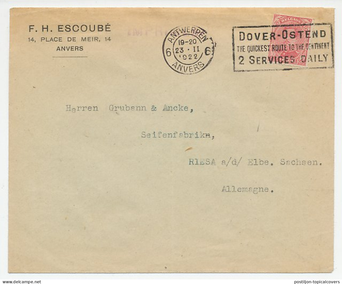 Cover / Postmark Belgium 1922 Dover - Ostend - Ferry Boat  - Ships