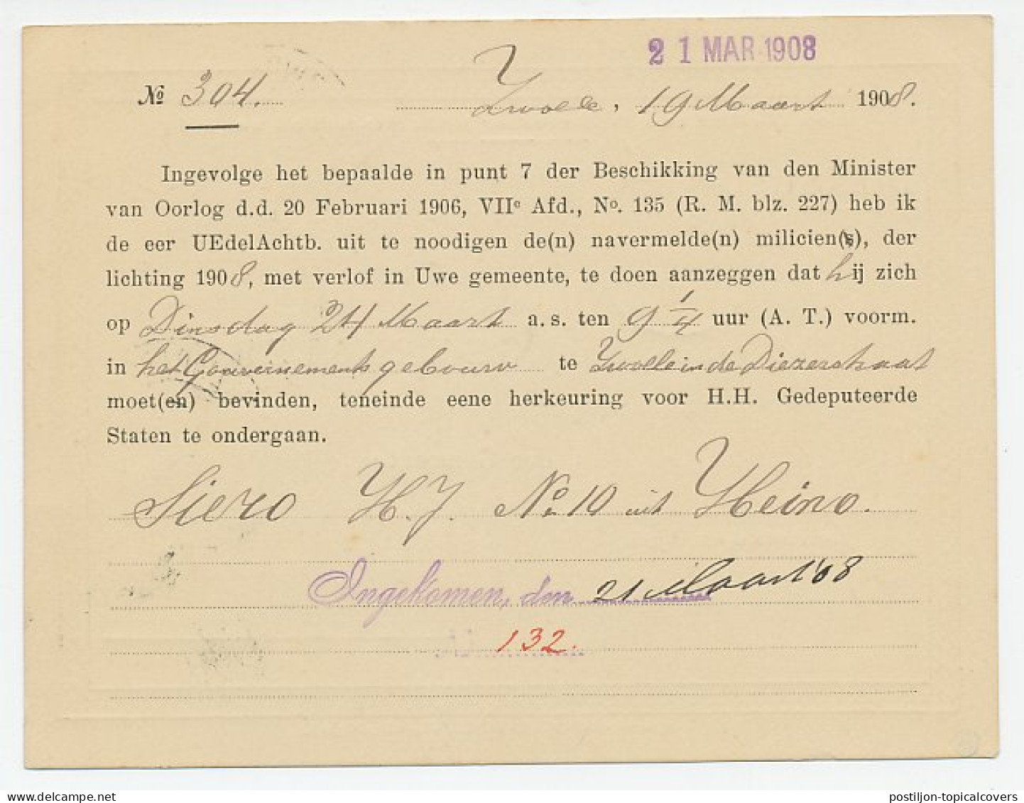 Dienst Zwolle - Heino 1908 - Provinciaal Adjudant - Non Classés