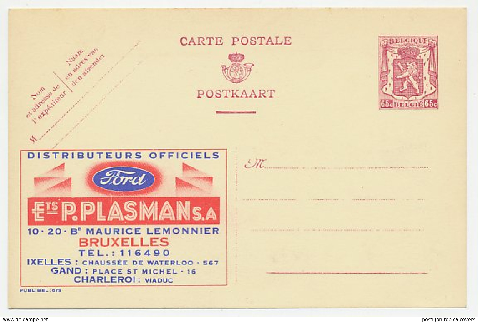 Publibel - Postal Stationery Belgium 1946 Car - Ford - Autos