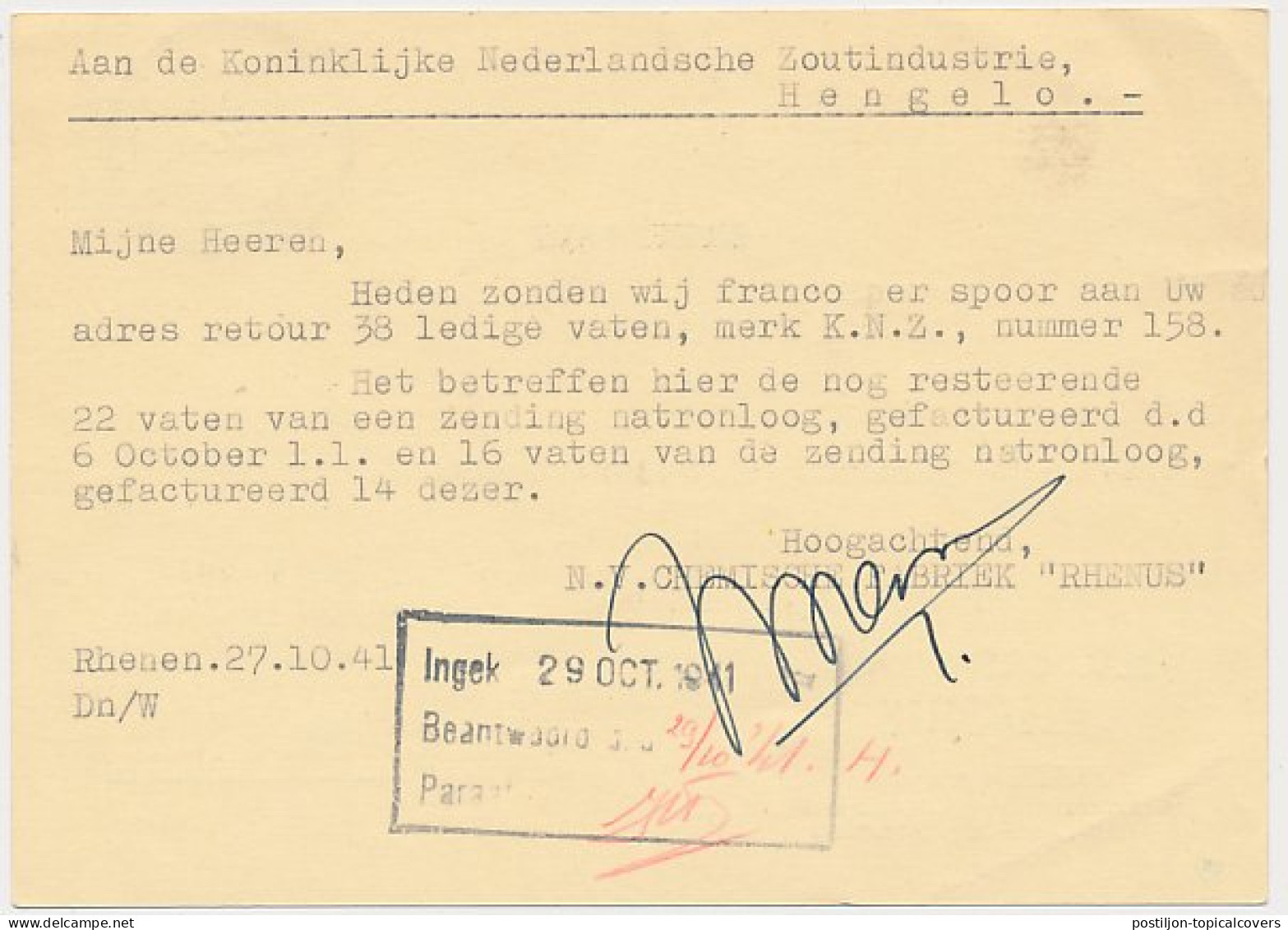 Firma Briefkaart Rhenen 1941 - Chemische Fabriek Rhenus - Non Classés