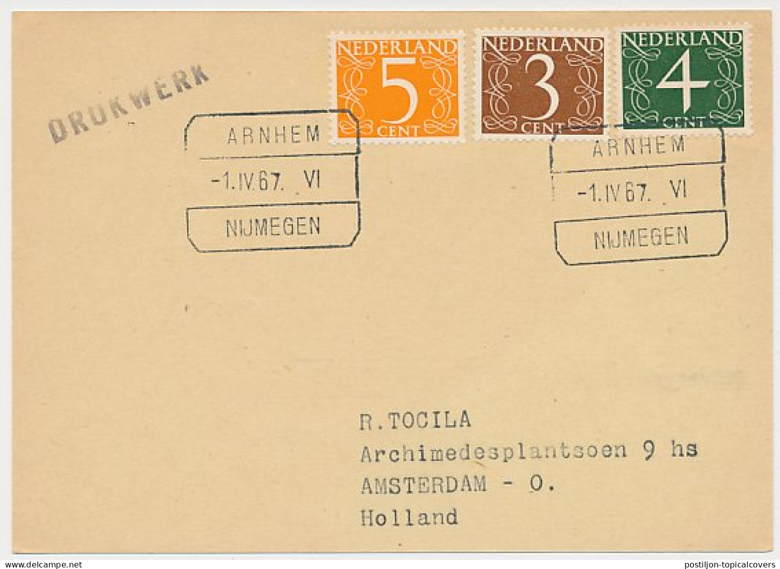 Treinblokstempel : Arnhem - Nijmegen VI 1967 - Non Classés