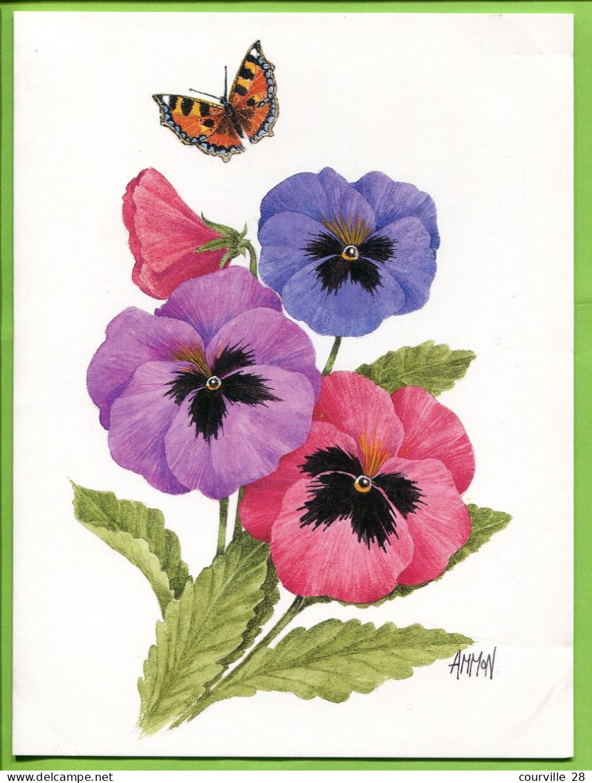 LOT 9 Cartes Doubles 15 X 20 Cm * FLEURS Diverses Toutes Avec PAPILLON Signées AMMON Illustrateur * Publicatiions Quay - Bloemen