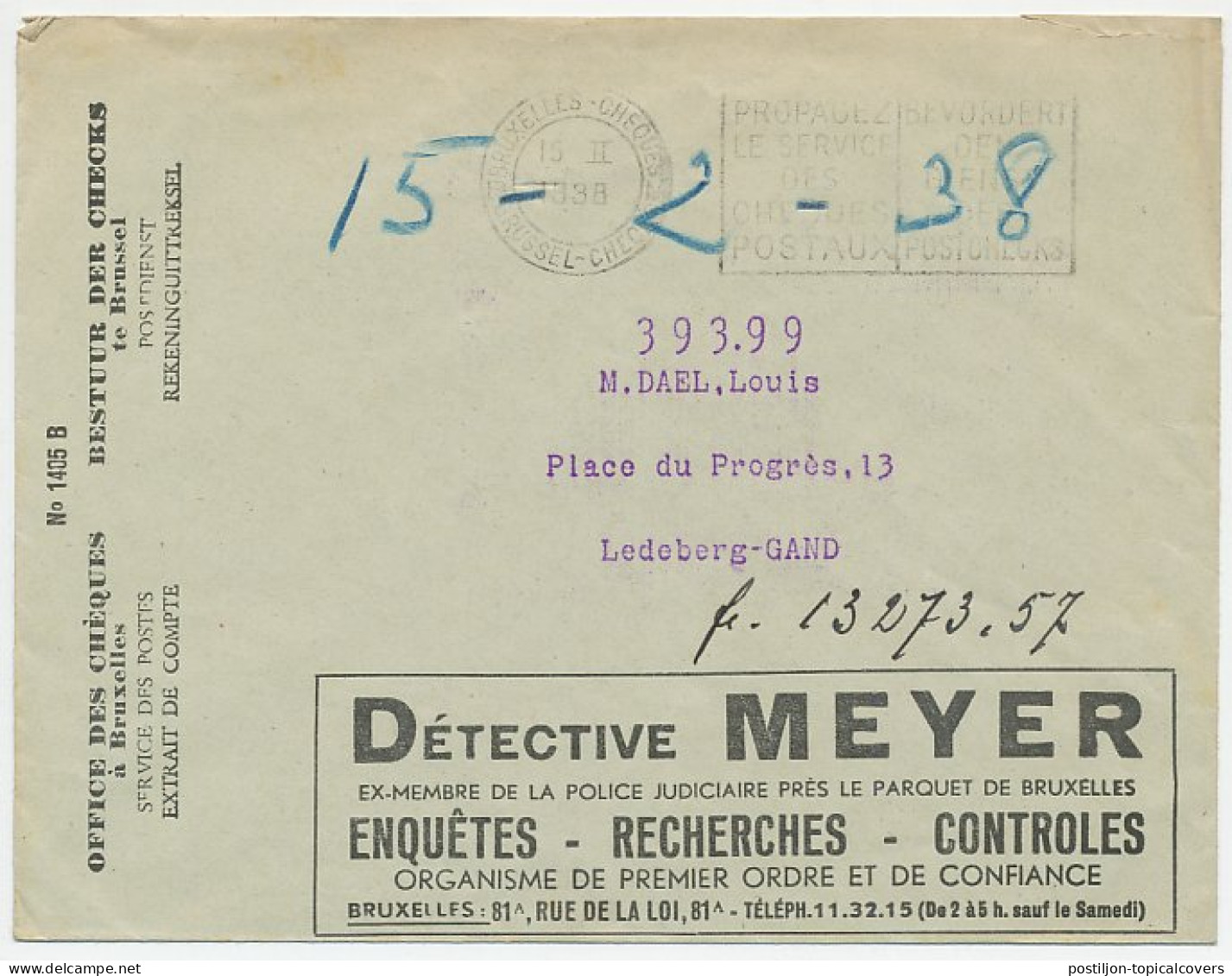 Postal Cheque Cover Belgium 1938 Leather - Soles - Heels - Shoes - Detective - Kostums