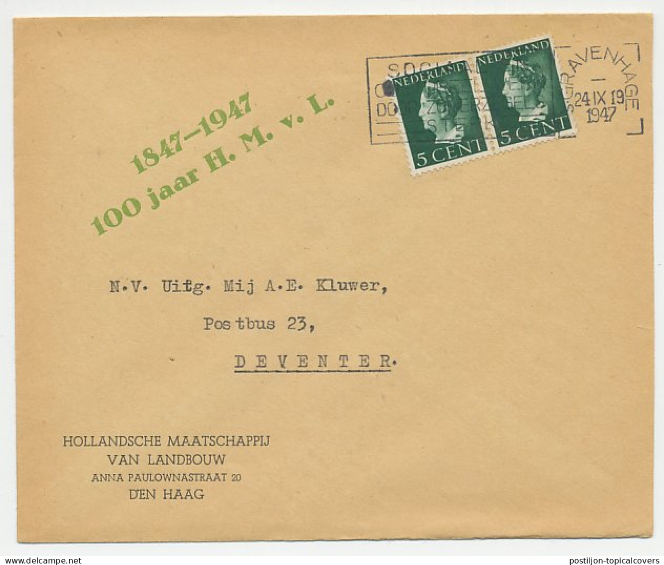 Envelop Den Haag 1947 - !00 Jaar Maatschappij Van Landbouw  - Non Classés