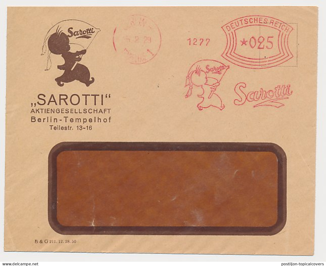 Illustrated Meter Cover Deutsches Reich / Germany 1929 Chocolate - Sarotti - Alimentación