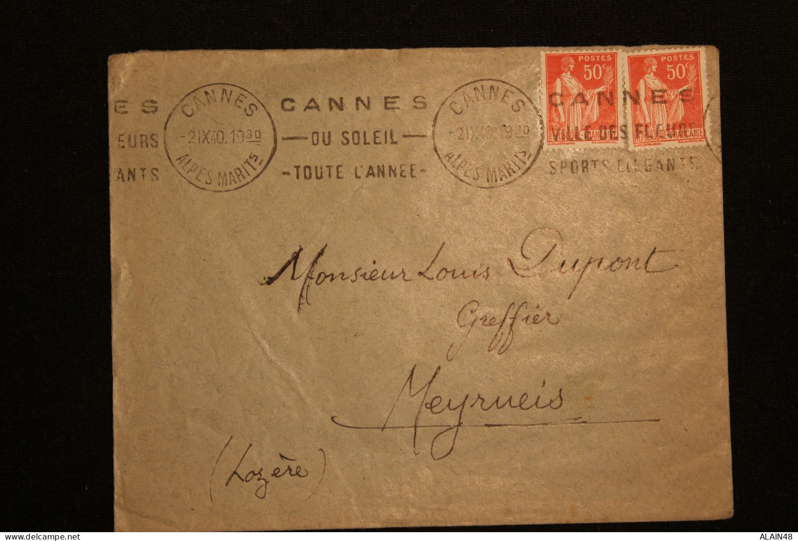 FRANCE LETTRE DU 21.10.1940 DE CANNES POUR MEYRUEIS (LOZERE) AVEC 2ex DU N°283 CACHET DAGUIN DE MEYRUIES AU VERSO - Brieven En Documenten