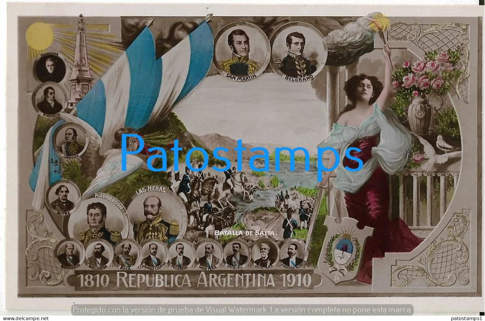 227717 ARGENTINA CENTENARY PATRIOTIC FLAG HERALDRY BATALLA DE SALTA PROCER GRAL SAN MARTIN & BELGRANO  POSTCARD - Argentinië