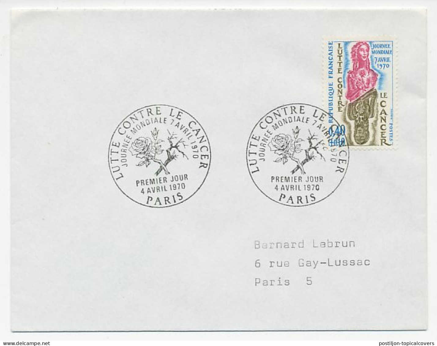 Cover / Postmark France 1970 Fight Against Cancer - Rose - Altri & Non Classificati