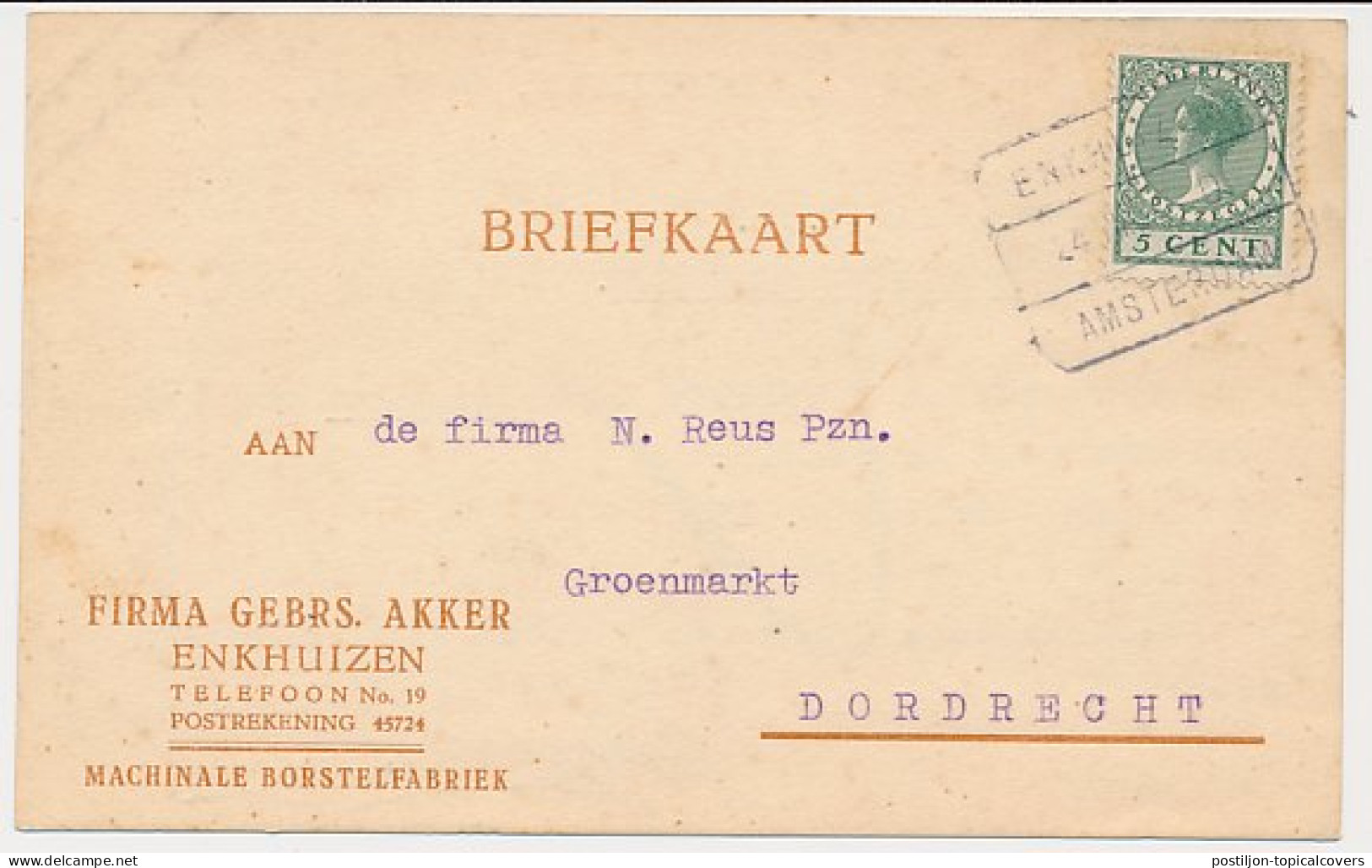Firma Briefkaart Enkhuizen 1931 - Machinale Borstelfabriek - Ohne Zuordnung