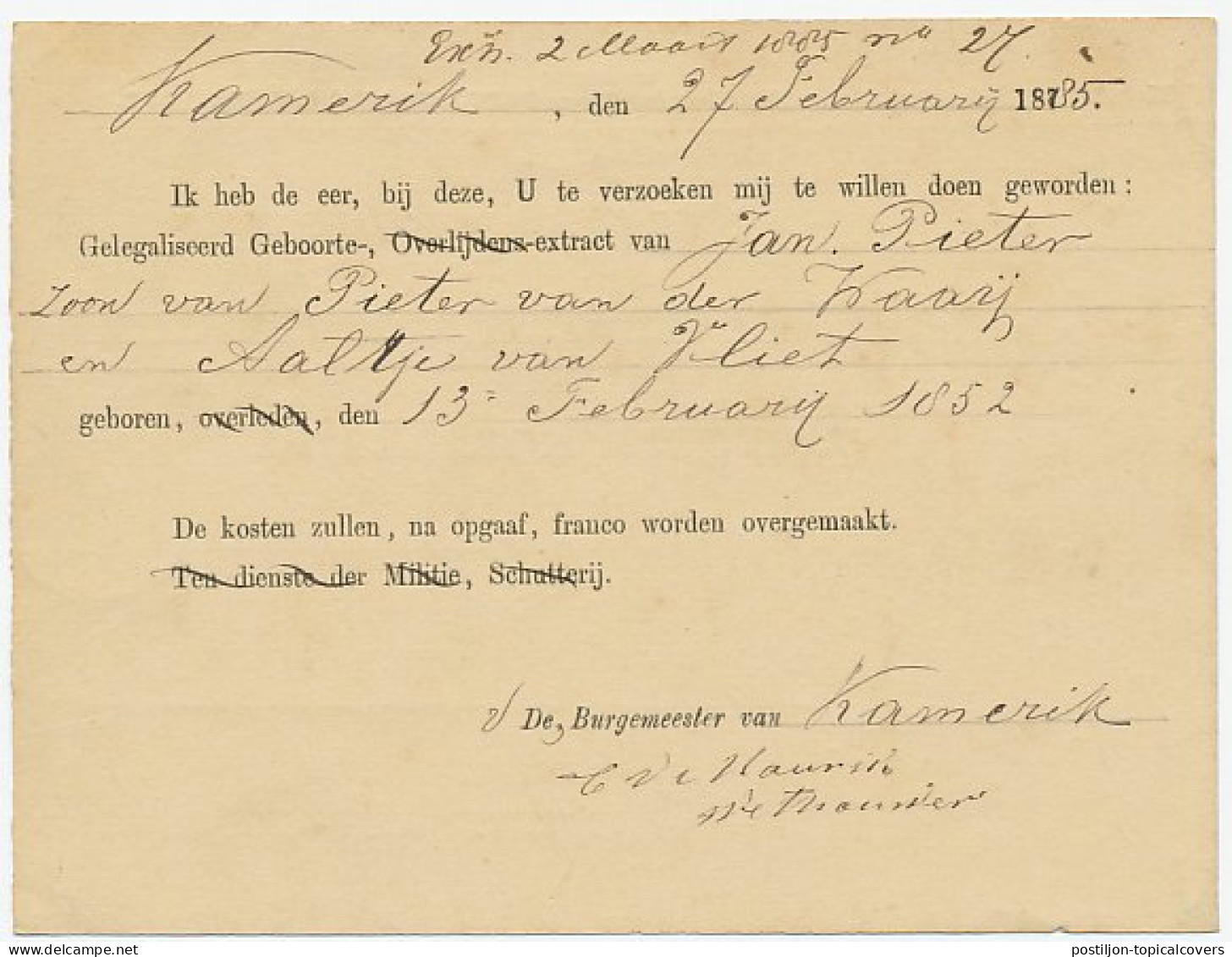 Naamstempel Kamerik 1885 - Briefe U. Dokumente