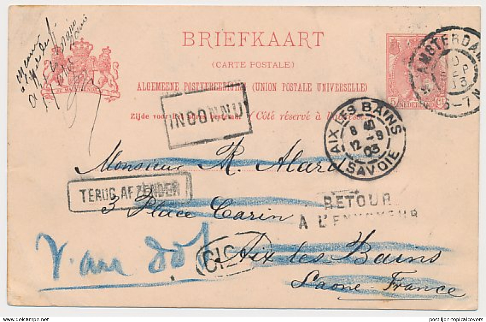 Briefkaart G. Amsterdam - Frankrijk 1903 - Onbestelbaar - Retour - Ohne Zuordnung