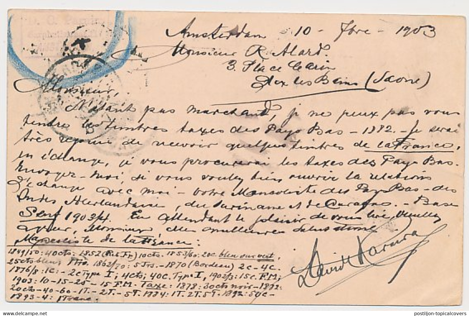Briefkaart G. Amsterdam - Frankrijk 1903 - Onbestelbaar - Retour - Ohne Zuordnung