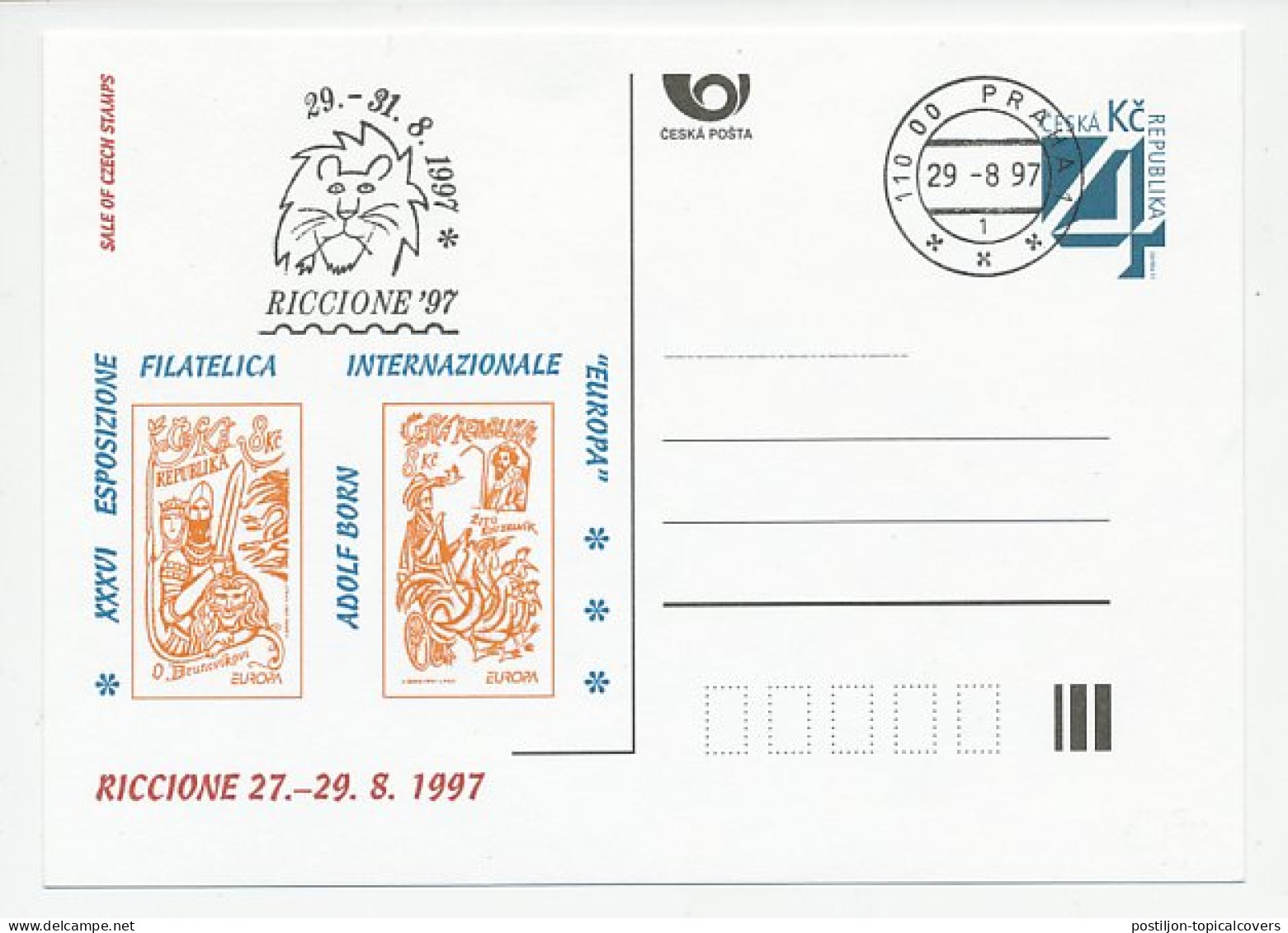 Postal Stationery Czechoslovakia 1997 Stamp Exhibition - Riccione - Lion - Autres & Non Classés