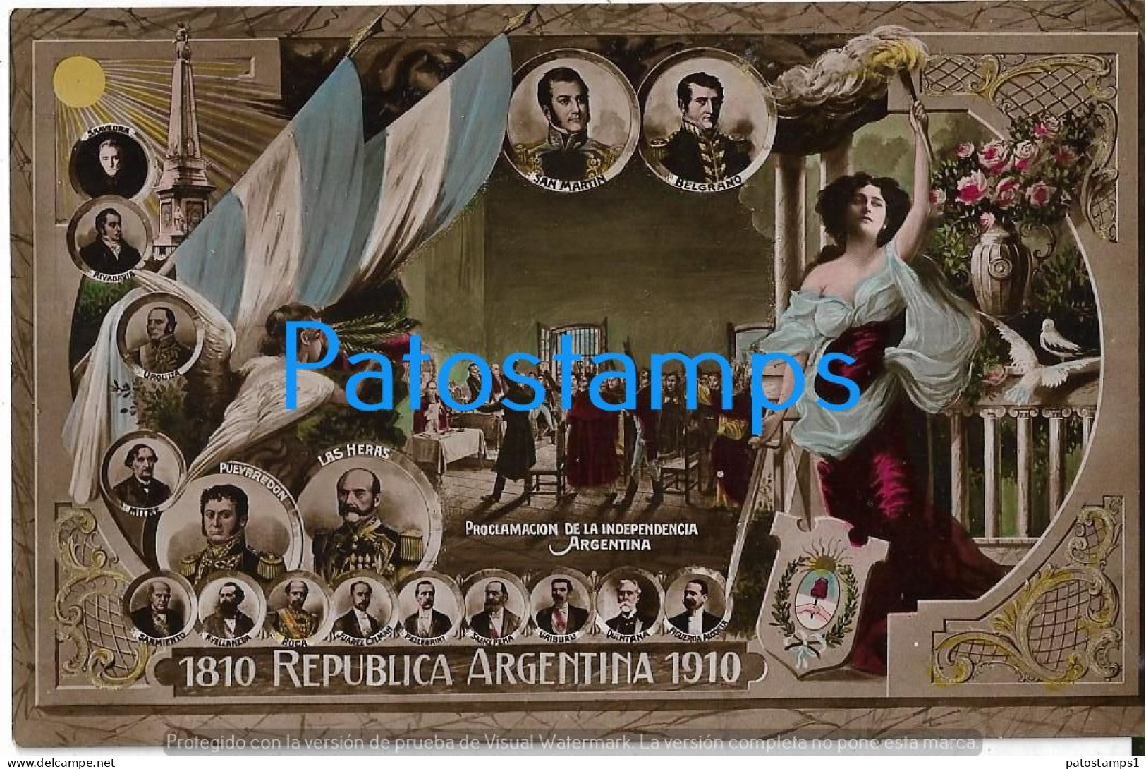 227718 ARGENTINA CENTENARY PATRIOTIC FLAG HERALDRY PROCLAMACION INDEPENDENCIA PROCER  SAN MARTIN & BELGRANO  POSTCARD - Argentinien