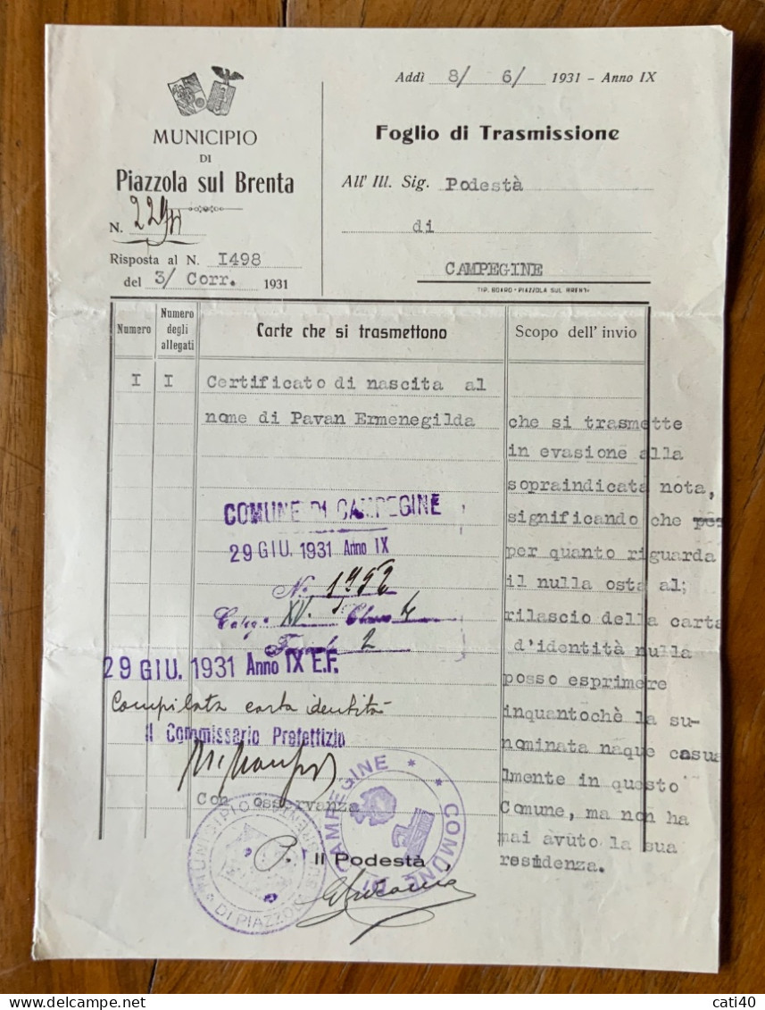 PIAZZOLA SUL BRENTA * PADOVA * 8/6/31 - LETTERA COMPLETA CON ANTONIANO 25 C. -  TIMBRI DEL VENTENNIO - Marcofilía