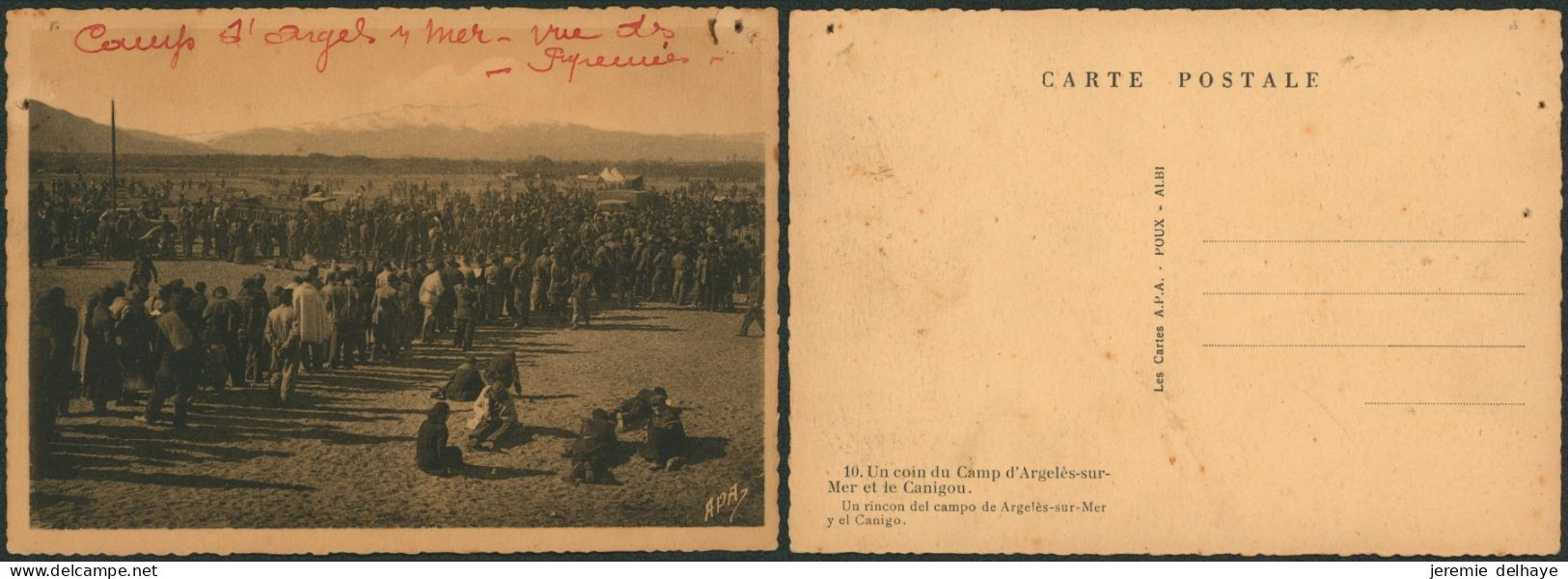 Carte Postale - Guerre D'Espagne : Un Coin Du Camp D'argelès-sur-mer, Canigou (n°10, Trou De Punaise) - Other & Unclassified