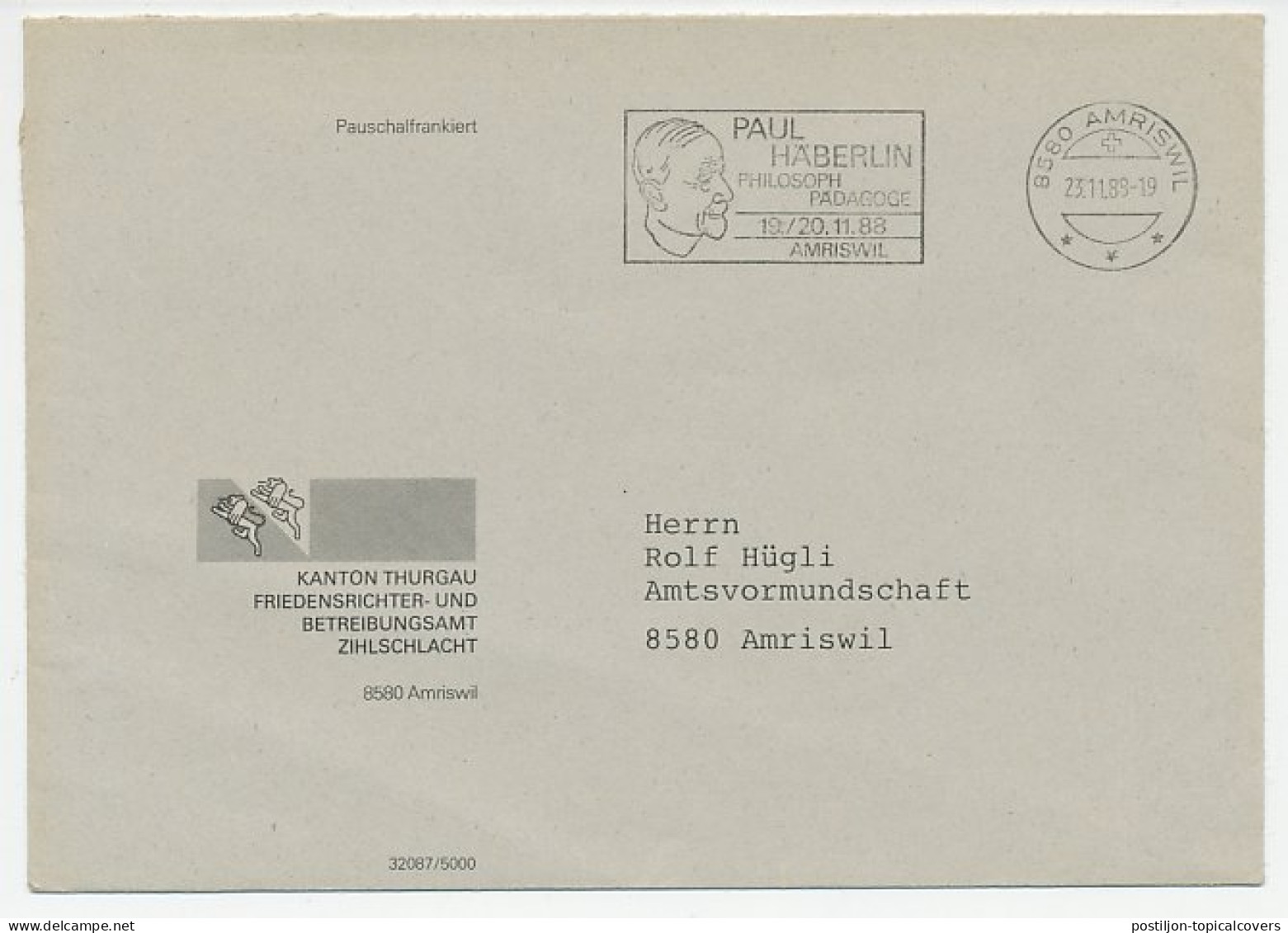 Cover / Postmark Switzerland 1988 Paul Haberlin - Pedagogue - Philosopher - Altri & Non Classificati