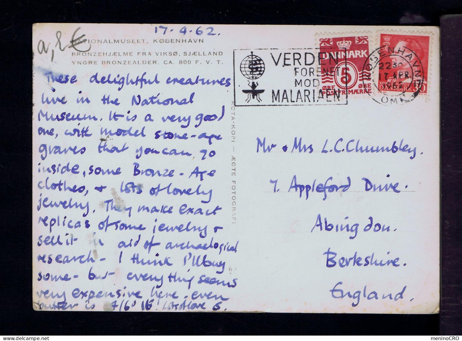 Gc8498 DANMARK "Malaria" Santé Health Postcard Mailed 1962 Berleshire -EN - Ziekte
