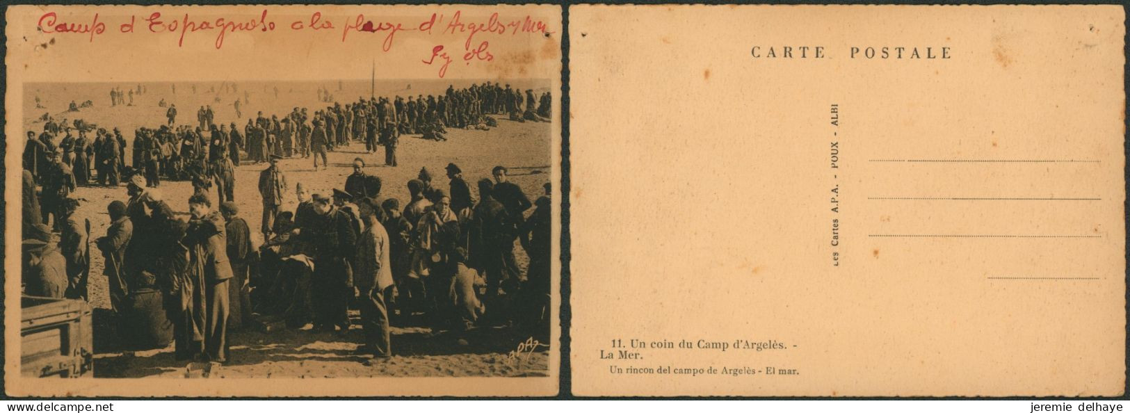 Carte Postale - Guerre D'Espagne : Un Coin Du Camp D'argelès-sur-mer, La Mer (n°11, Trou De Punaise) - Otros & Sin Clasificación