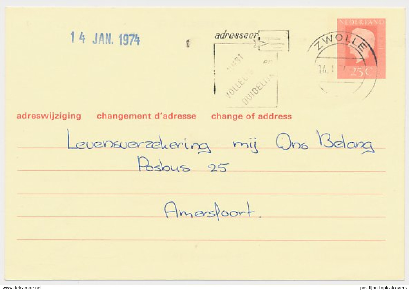 Verhuiskaart G. 38 Particulier Bedrukt Zwolle 1974 - Postal Stationery