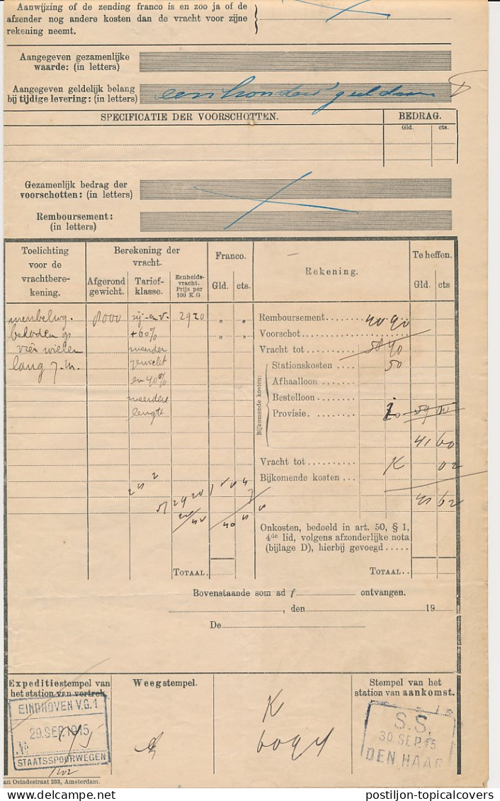 Vrachtbrief Staats Spoorwegen Eindhoven - Den Haag 1915 - Etiket - Zonder Classificatie