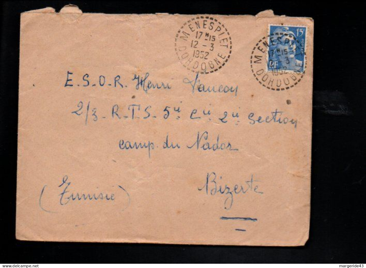 LETTRE DE MENESPLET DORDOGNE POUR LA TUNISIE 1952 - 1921-1960: Modern Period