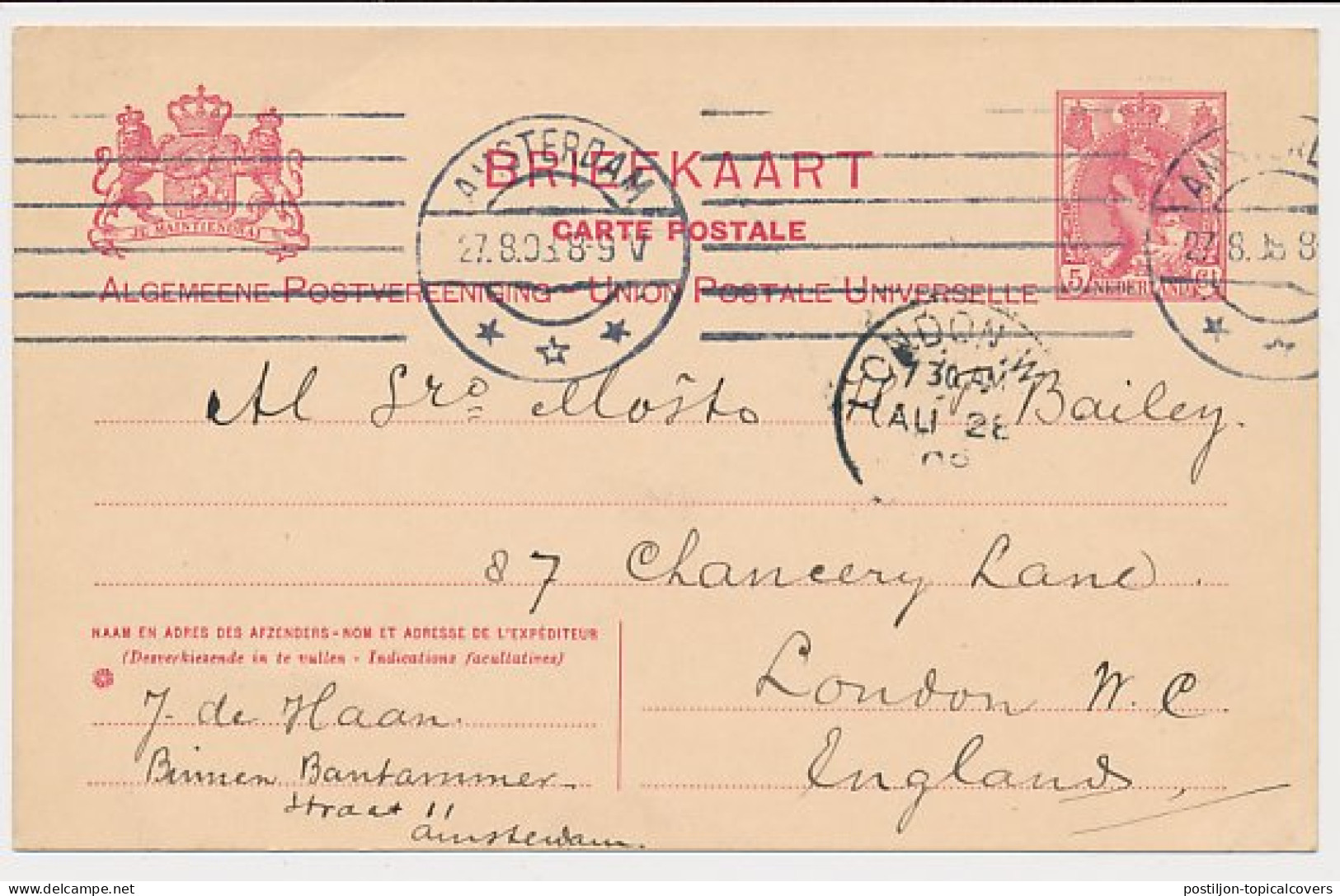 Briefkaart G. 76 Amsterdam - Londen GB / UK 1908 - Postwaardestukken