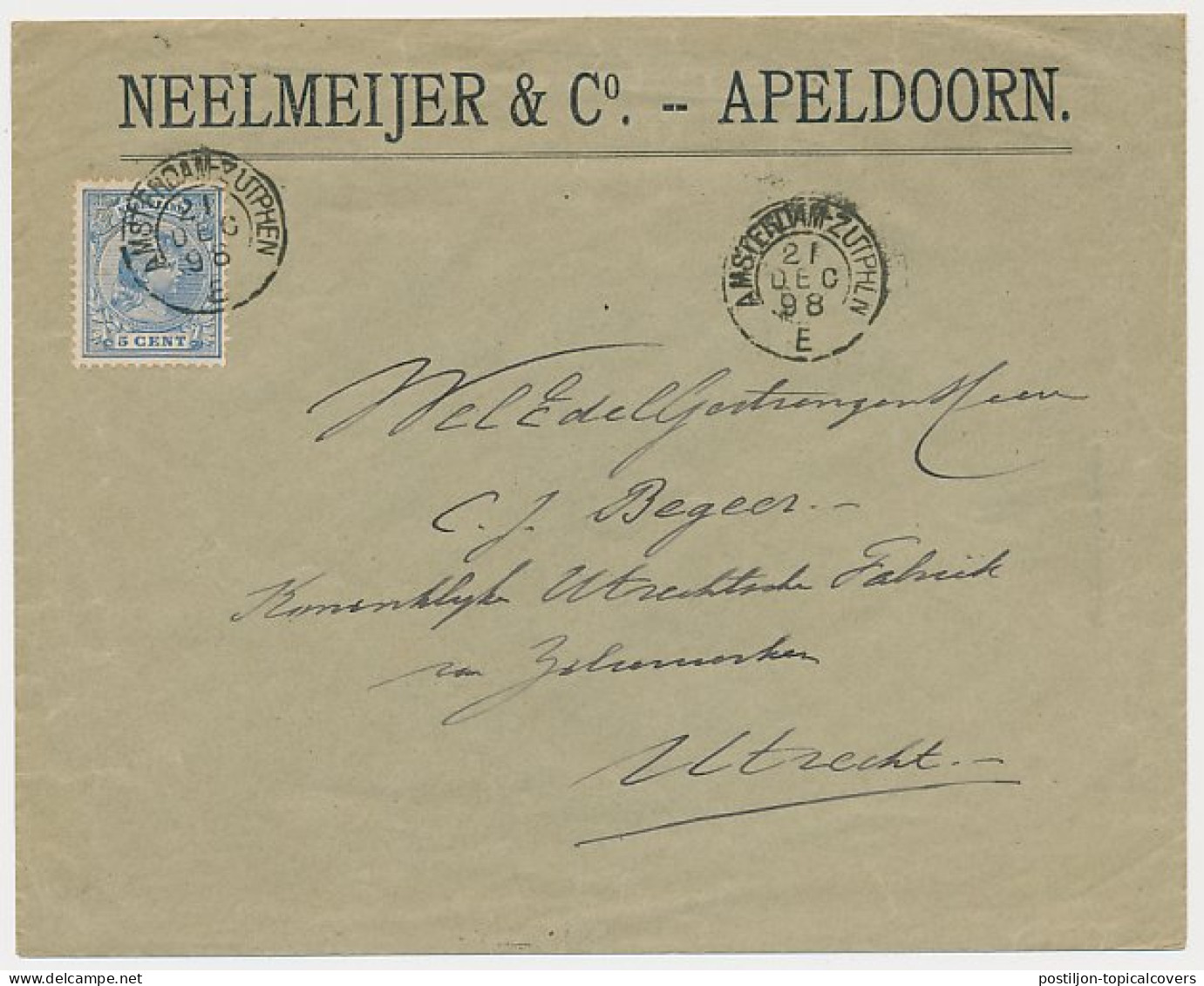Trein Kleinrondstempel Amsterdam - Zutphen E 1898 - Cartas & Documentos
