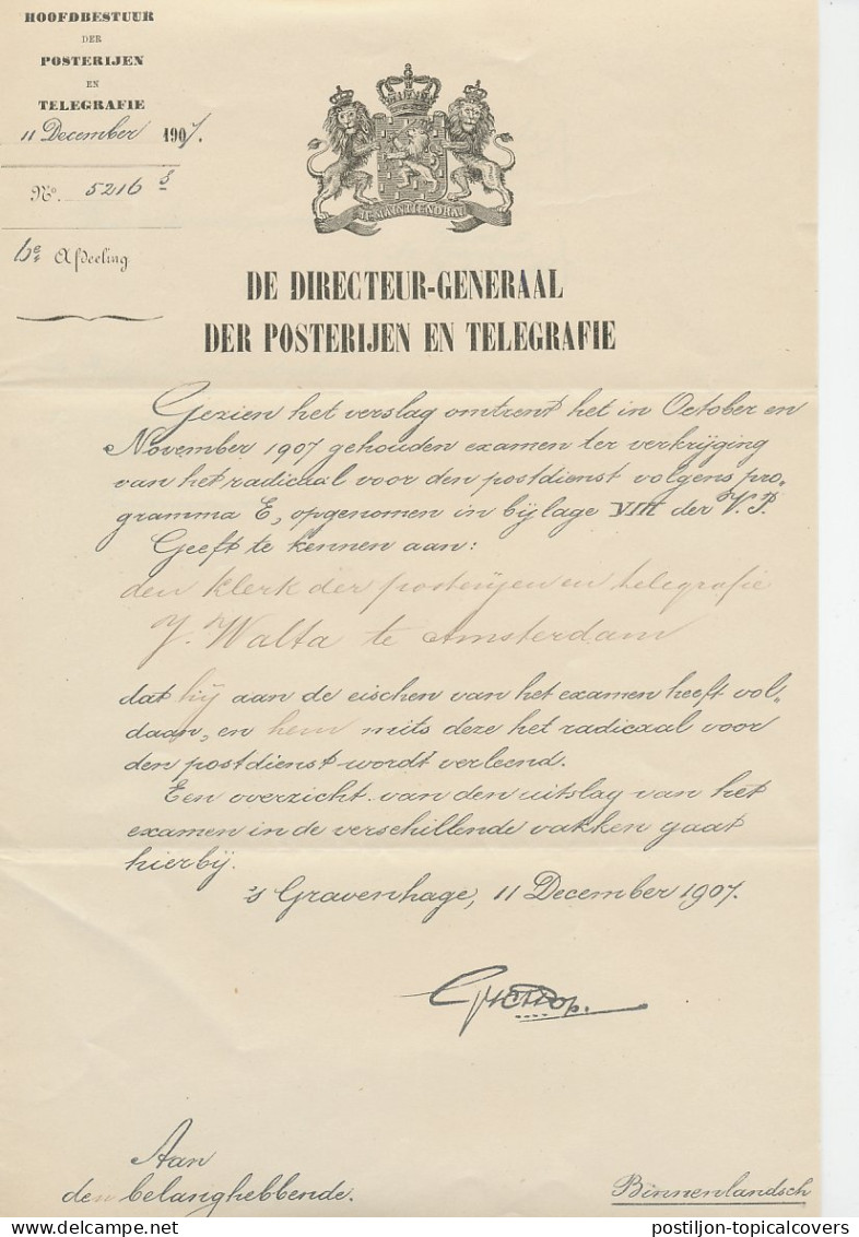 P En T Den Haag 1907 Radicaal Voor De Telegraafdienst Amsterdam - Unclassified