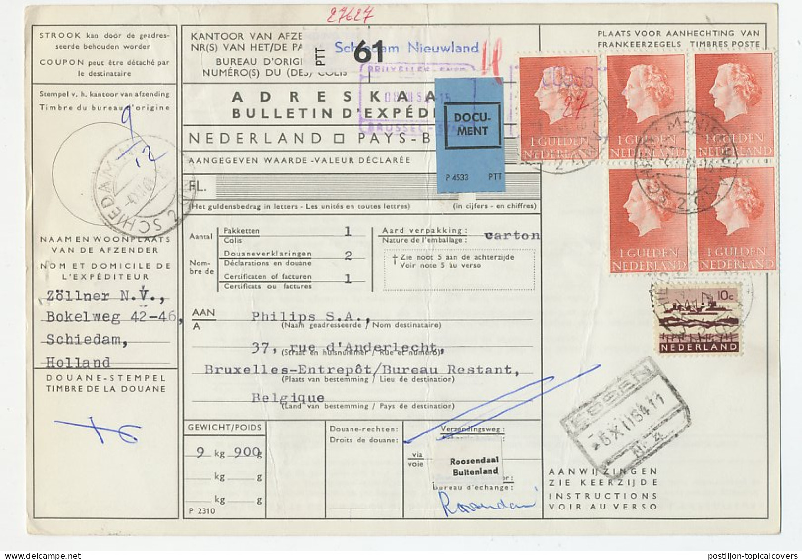Em. Juliana Pakketkaart Schiedam Nieuwland - Belgie 1964 - Unclassified