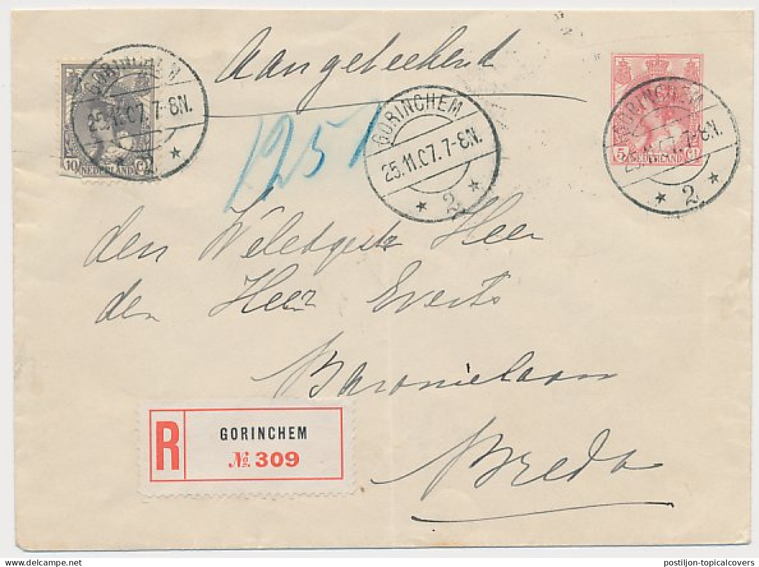 Envelop G. 8 D /Bijfrankering Aangetekend Gorinchem - Breda 1907 - Ganzsachen