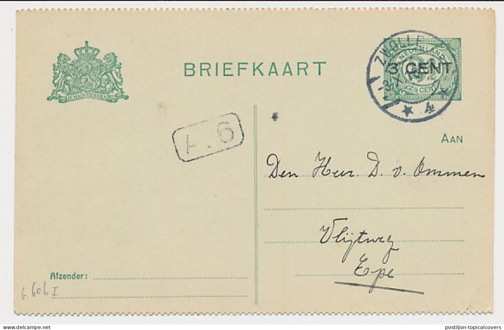 Briefkaart G. 96 B I Zwolle - Epe 1918 - Interi Postali