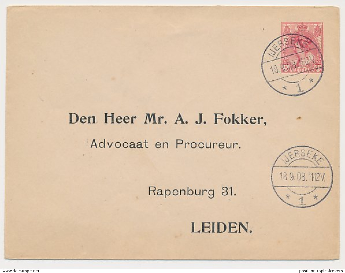 Envelop G. 14 Particulier Bedrukt IJerseke / Leiden 1908 V.b.d. - Entiers Postaux