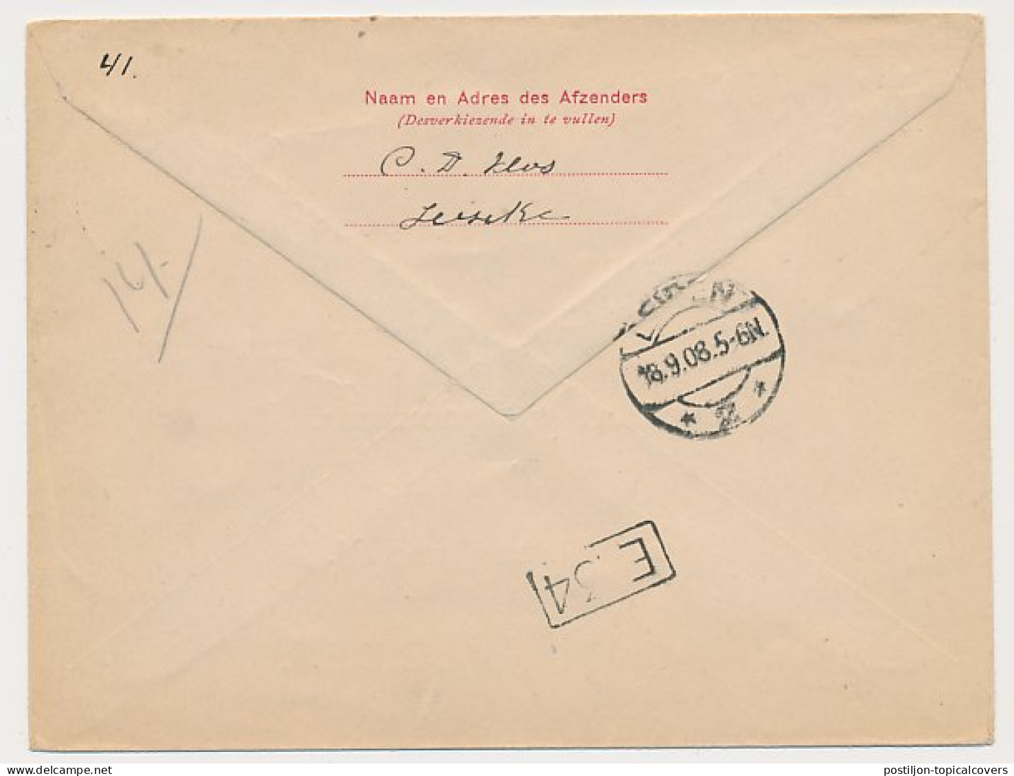 Envelop G. 14 Particulier Bedrukt IJerseke / Leiden 1908 V.b.d. - Entiers Postaux
