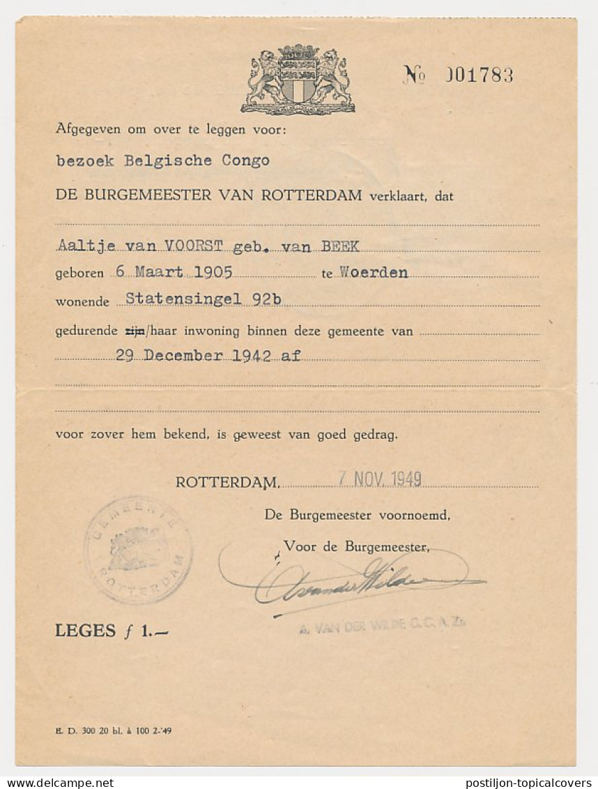 Gemeente Leges F 1.- Rotterdam 1949 / 10 F Belgie - Fiscali